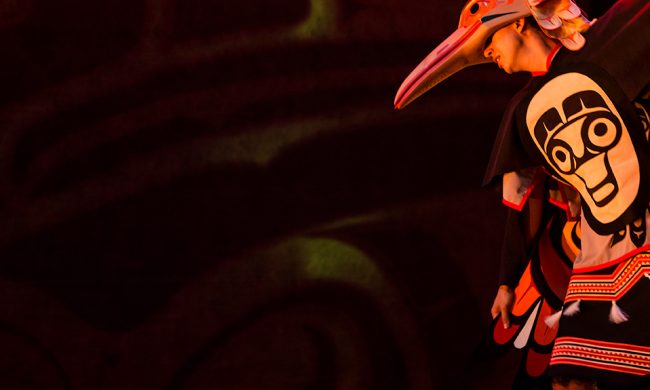 Photo of a dancer in full regalia in Flicker production on stage.